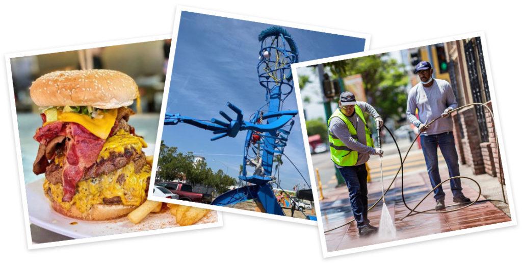 照片拼贴的CHBA清洁和安全的机组清洗大学大道的人行道, 大学大街上的艺术装置, 城市高地餐厅的汉堡和薯条